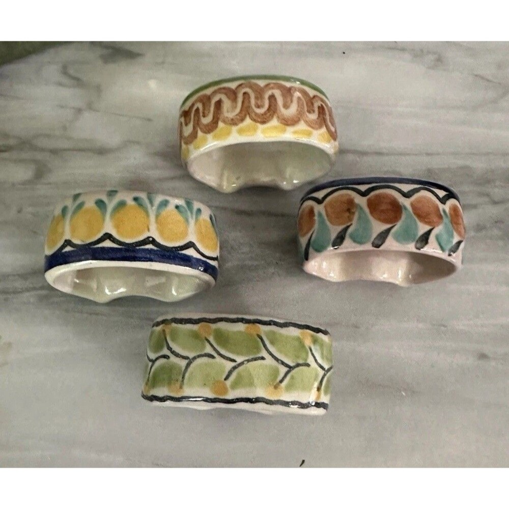4 Mexican Pottery Napkin Rings Vintage Floral Hand Painted Colorful Signed